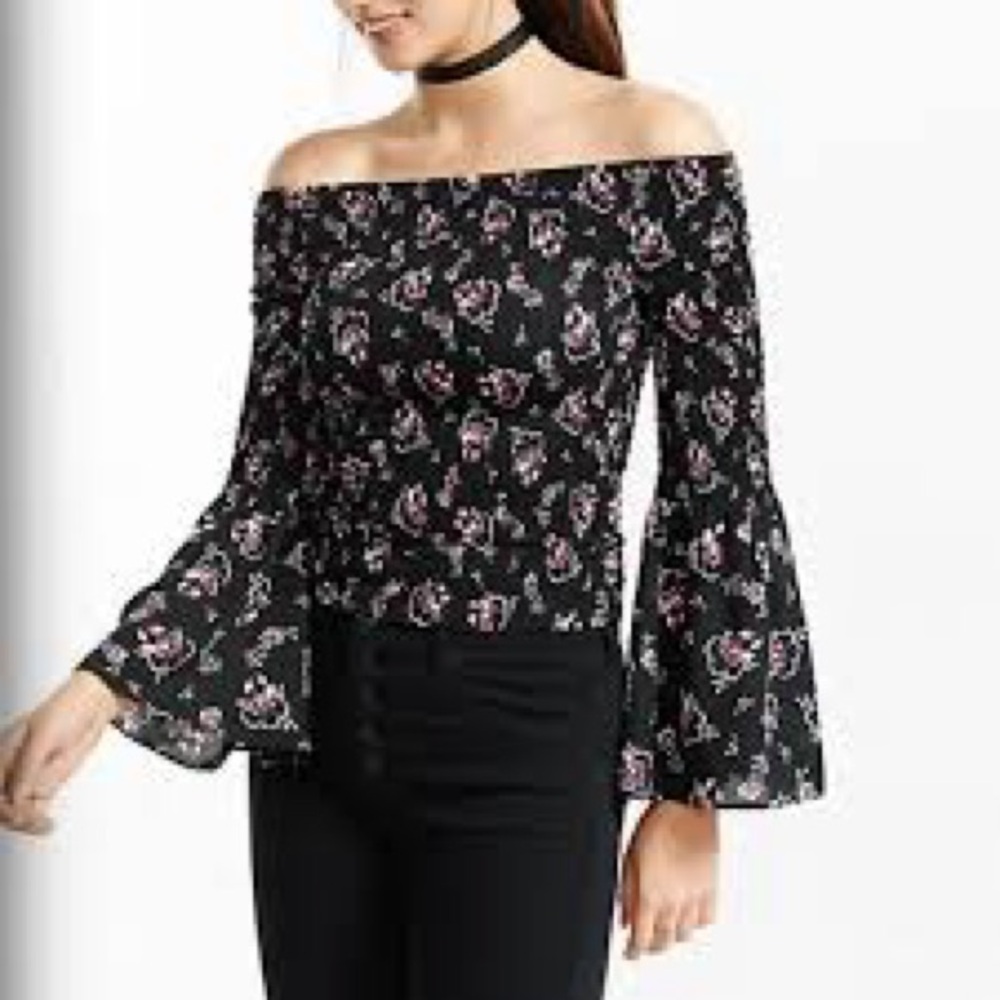 Express Smocked Black Floral Off-Shoulder Blouse